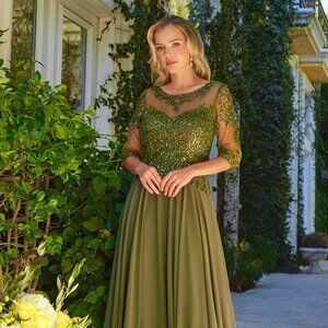 NEW FORMAL A-LINE CHIFFON MOB SEQUINS EMBELLISHED GOWN W/ 3/4 SLEEVES GL3599